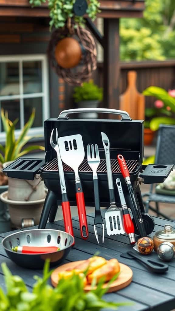 A grill tool set displayed with a compact grill, featuring various grilling utensils and vibrant red accents.