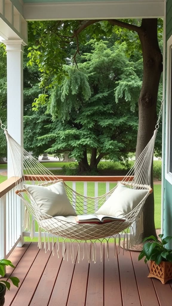 A cozy hammock on a front porch surrounded by greenery