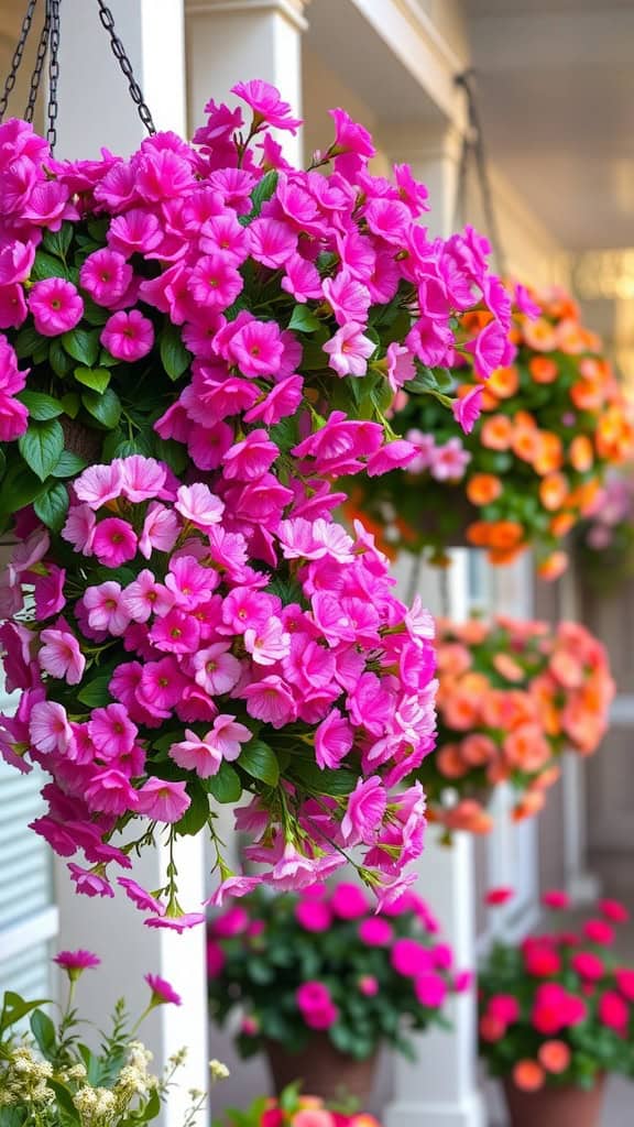 Colorful hanging flower baskets with pink and orange blooms on a porch