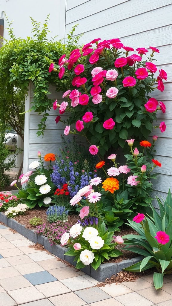 A vibrant corner flower bed featuring pink, white, and orange flowers, surrounded by lush greenery.