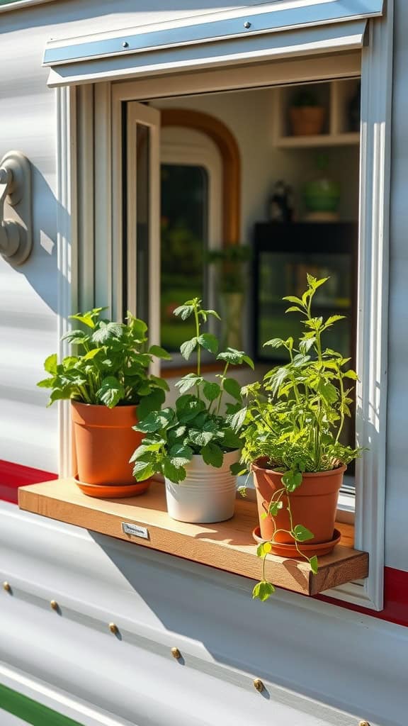 A windowsill with three terracotta pots containing herbs, including mint, lavender, and basil, in a small camper.