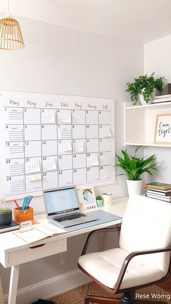 A cozy home office featuring a large wall calendar, a desk with a computer, and plants.