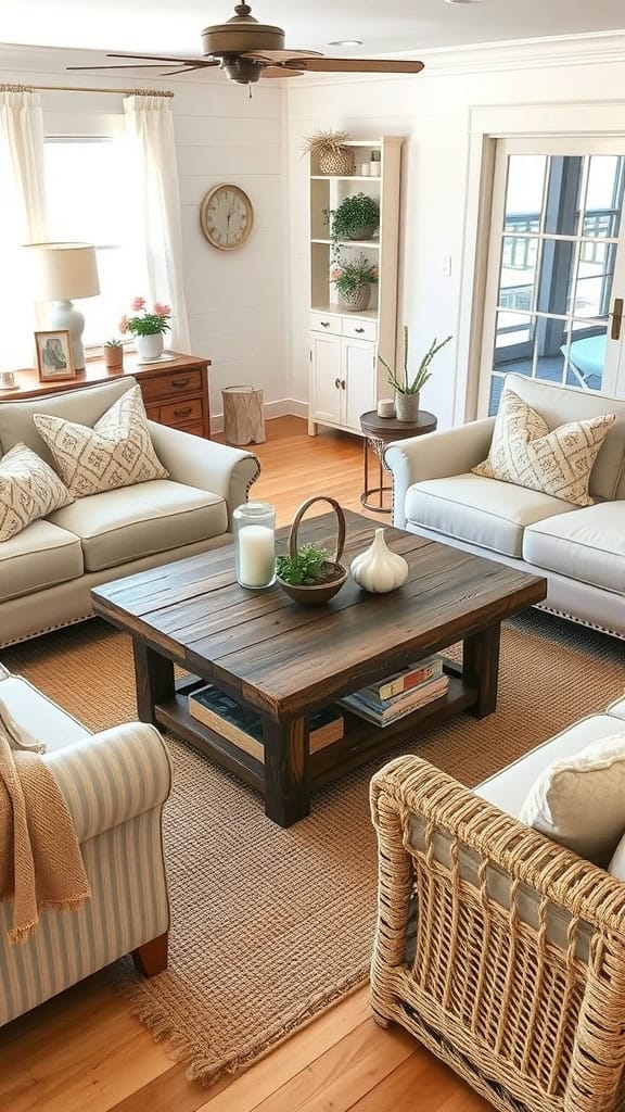 Rustic wooden coffee table in a beachy living room with comfortable seating and light decor.