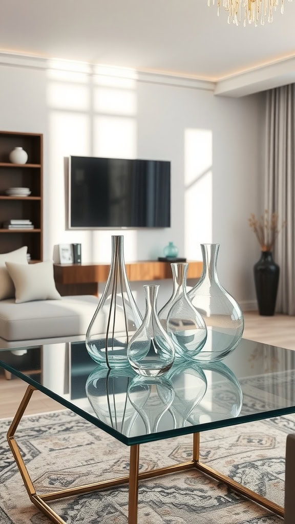 A bright living room with a glass coffee table and decorative glass vases.