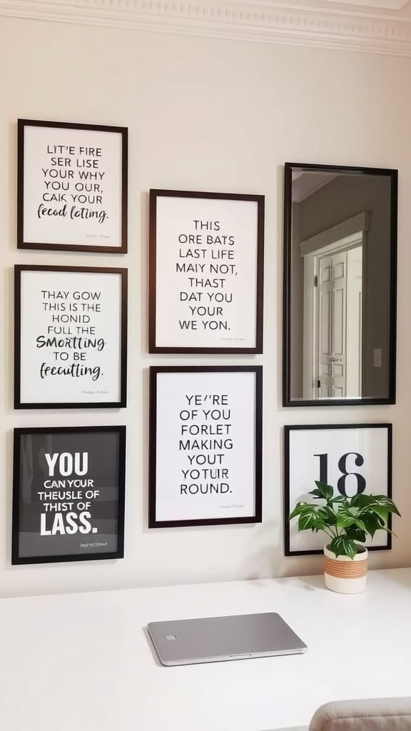 A cozy home office featuring a wall decorated with inspirational quotes framed in black and white, a wooden desk with a computer, and a comfortable chair.
