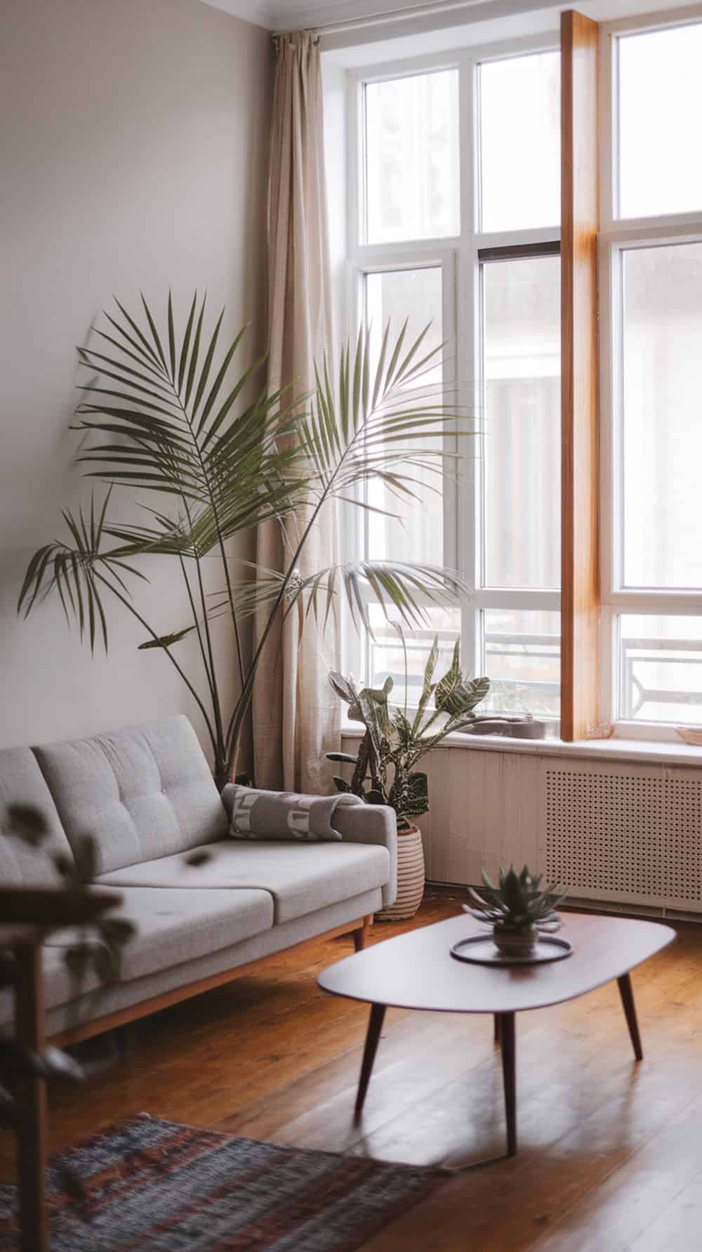 A cozy living room featuring large windows, a palm plant, and a wooden coffee table.