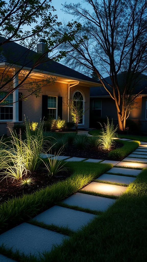 Modern front yard with integrated lighting illuminating pathways and plants