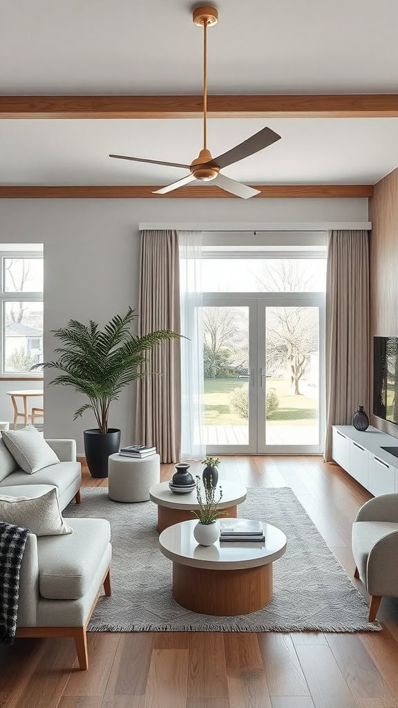A minimalist Scandinavian living room featuring modern technology and natural elements.