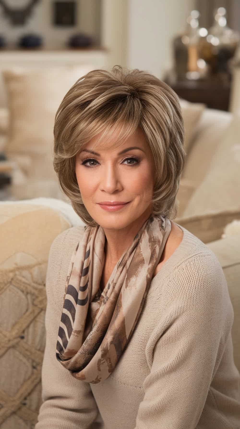A woman with layered short hair styled with a side part, wearing a scarf and a sweater.