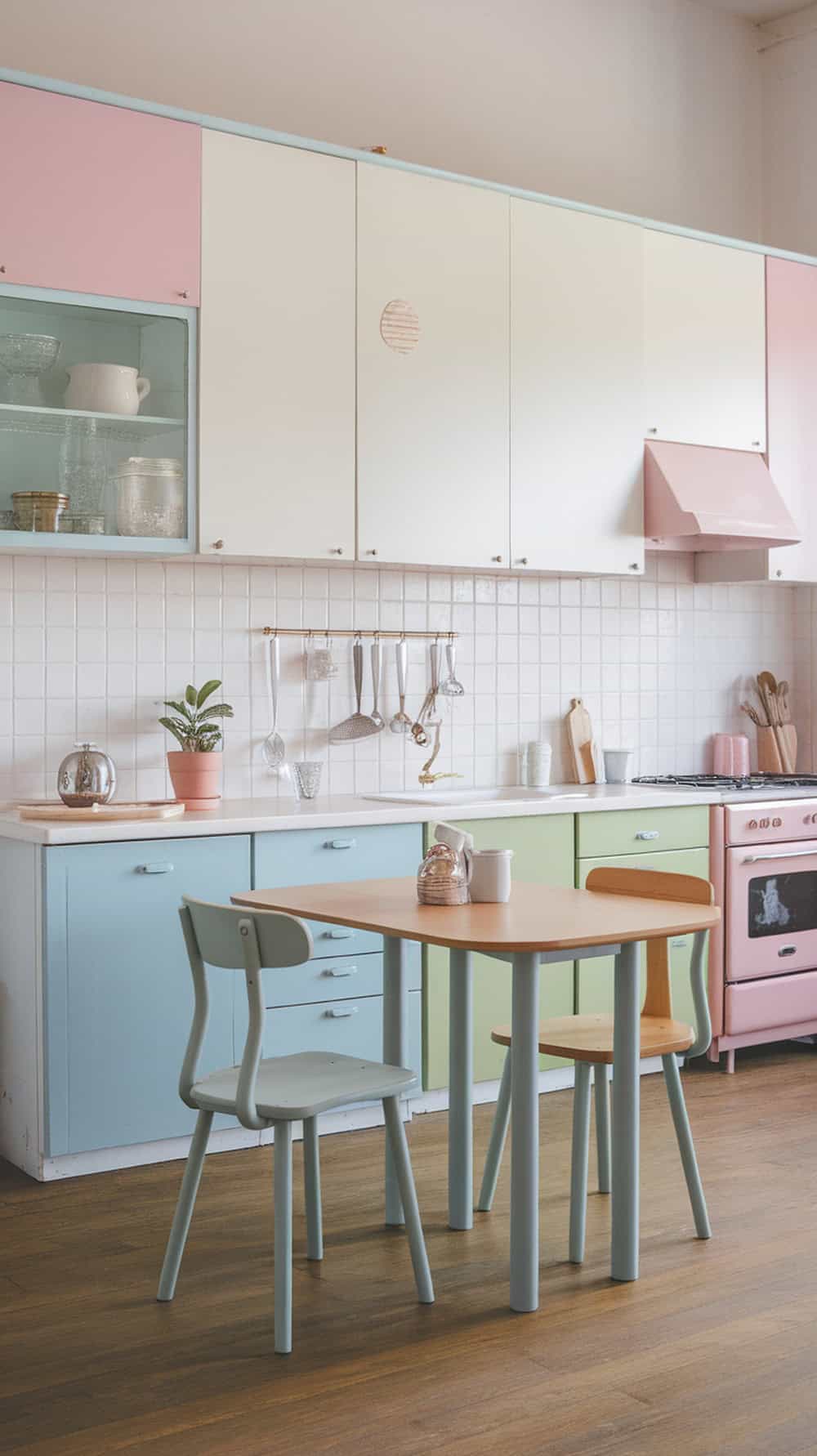 A kitchen featuring pastel-colored cabinets in blue, pink, and green, with a wooden table and chairs.