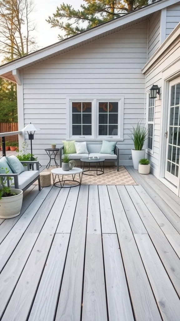 A light gray stained deck with contemporary furniture and decor
