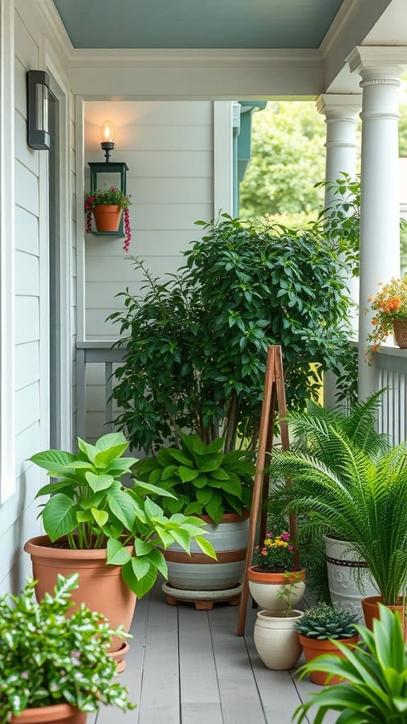 A front porch decorated with various potted plants for privacy.