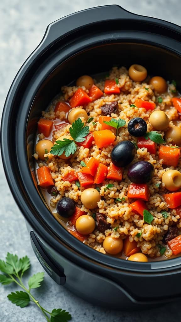 Mediterranean quinoa and veggie stew in a crock pot