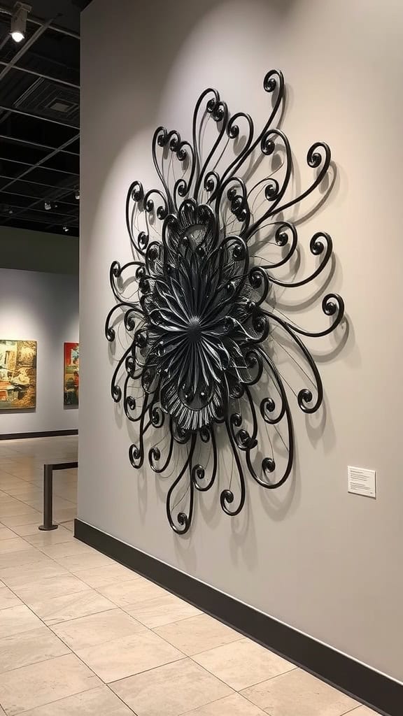 An intricate metal wall sculpture featuring swirls and layers, mounted on a light-colored wall in a gallery.