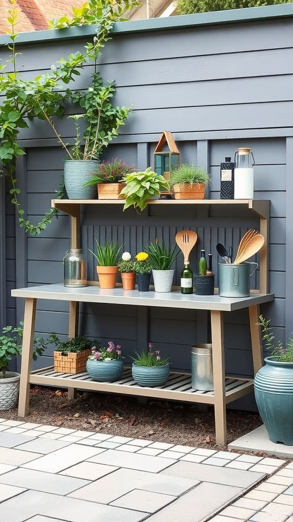 A modern metallic potting bench with plants and gardening supplies.