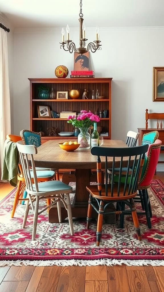 A dining table with mismatched colorful chairs in a bright room.
