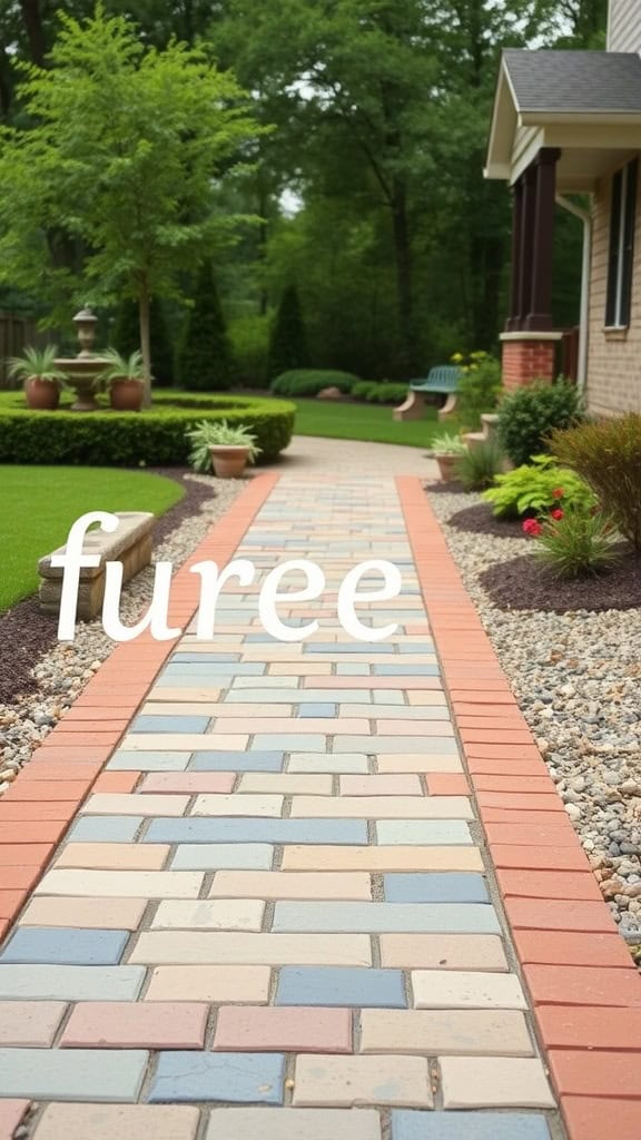A beautifully designed walkway made of various materials leading through a landscaped front yard.