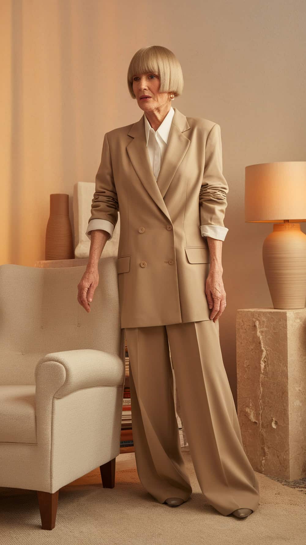 A stylish older woman with a modern bowl cut, wearing a tailored beige outfit, standing in a chic indoor setting.
