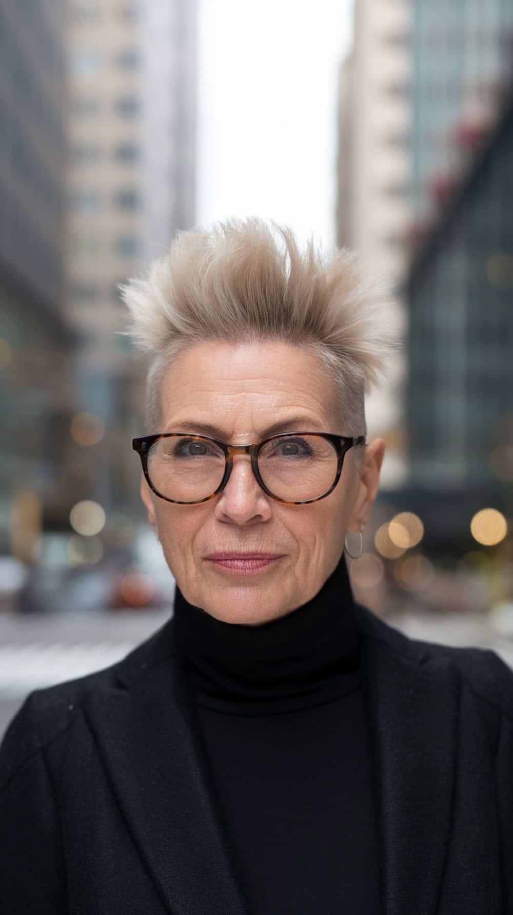 A woman over 50 with a modern faux hawk hairstyle, wearing glasses and a black turtleneck, standing in an urban setting.