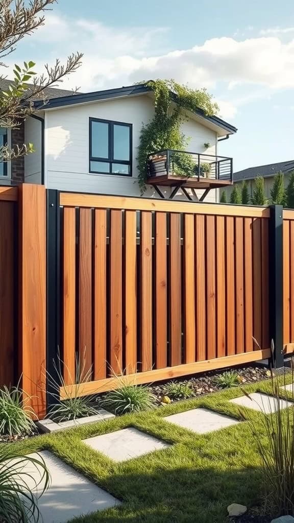 Modern wooden fence with metal accents in a front yard setting.