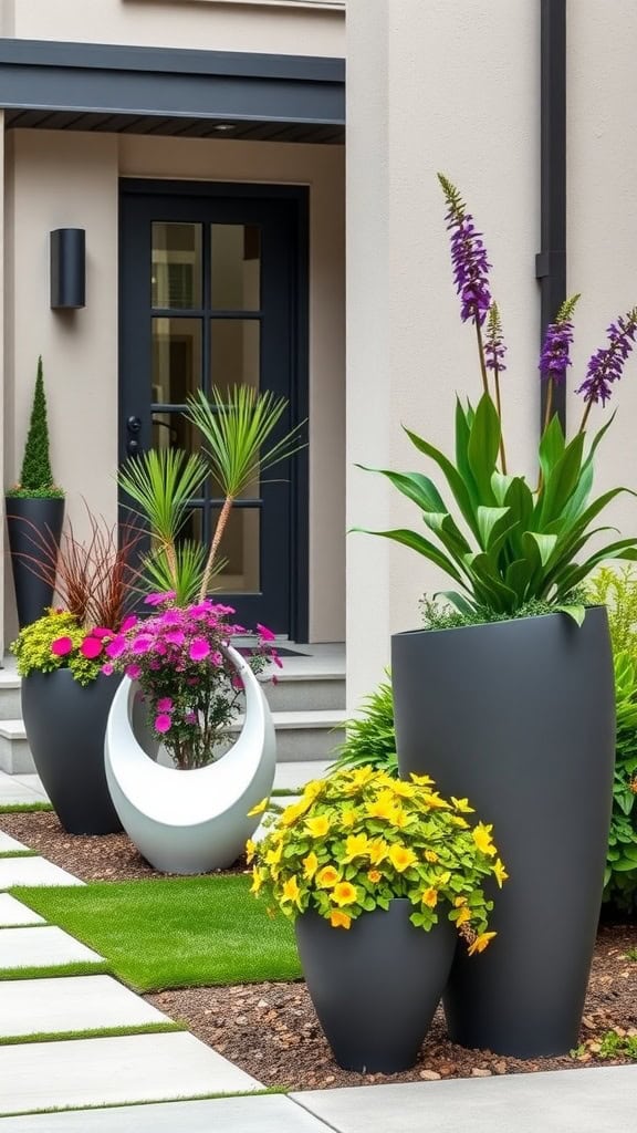 Stylish modern planters with colorful flowers in a contemporary front yard.