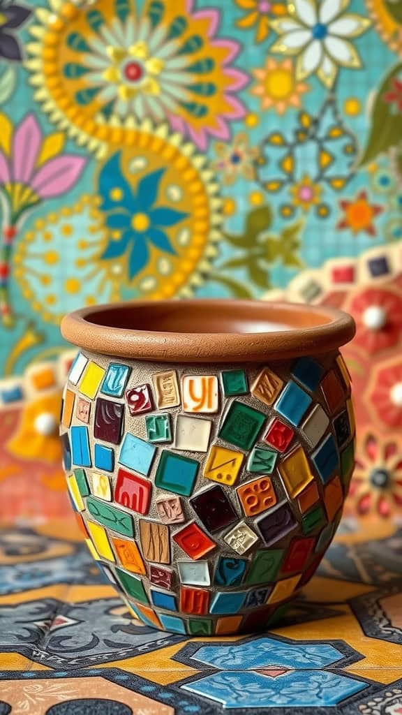 A colorful ceramic plant pot decorated in a mosaic style with various tiles, set against a vibrant patterned background.