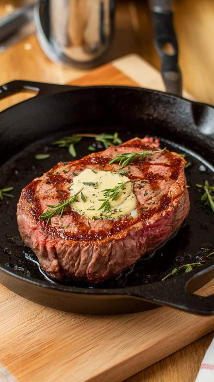 A delicious skillet steak topped with garlic butter, cooked to perfection in a cast iron skillet.