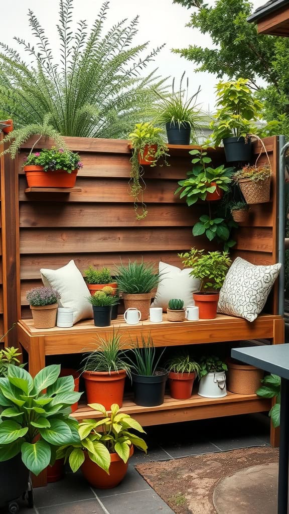 A multifunctional potting bench with seating surrounded by various plants in pots.