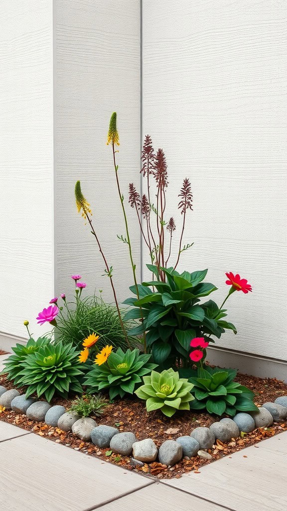 A corner flower bed featuring a variety of native plants in vibrant colors, bordered by stones.