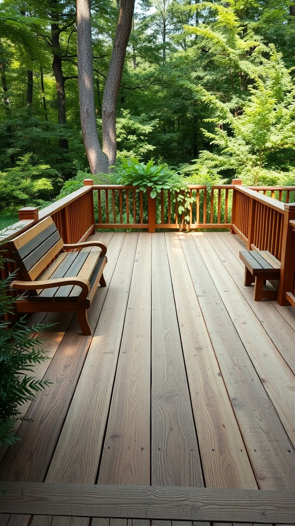 A rustic cedar deck with wooden benches surrounded by lush greenery.