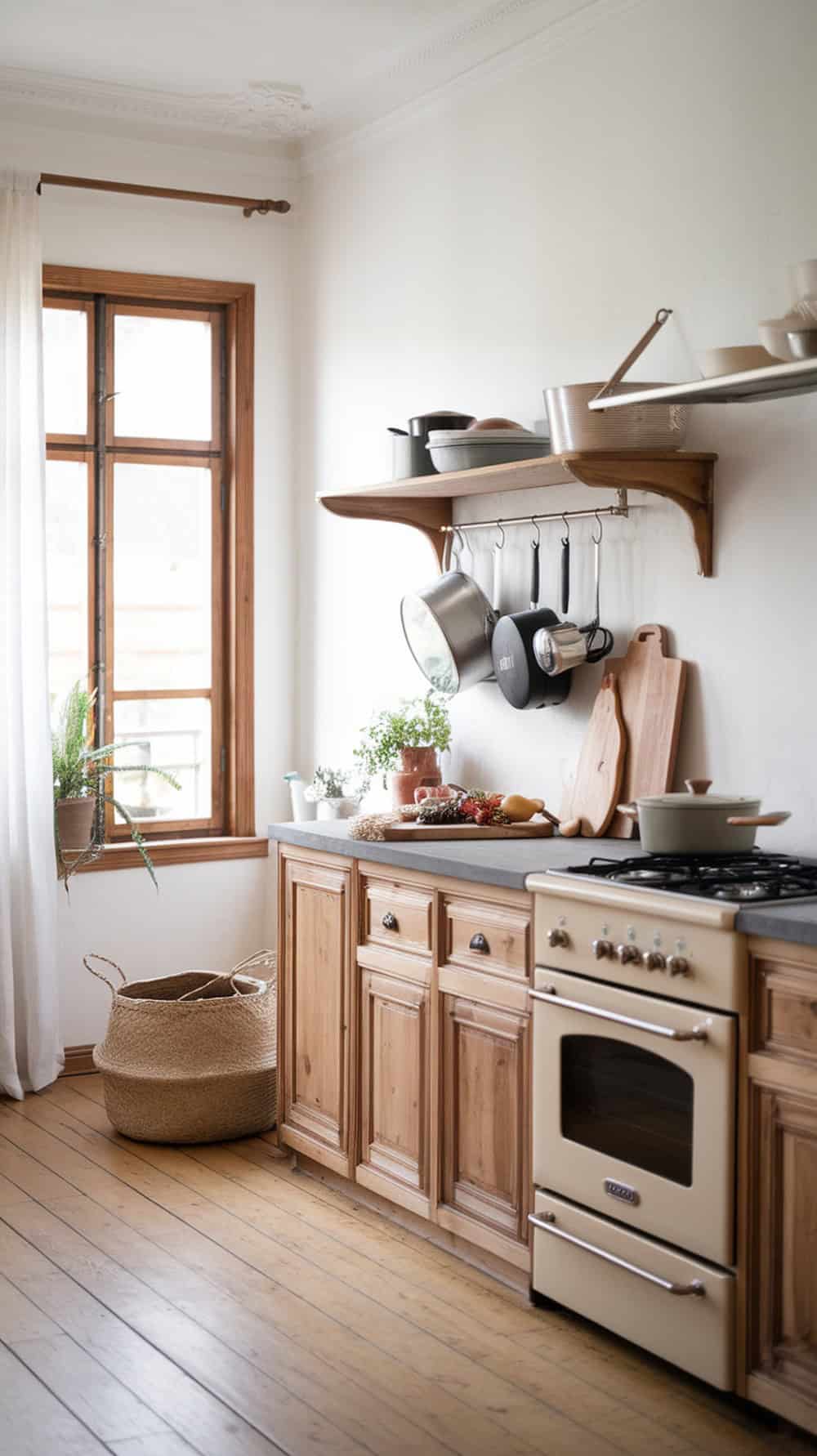 A cozy Scandinavian kitchen featuring wooden cabinets, a large window, and natural materials.