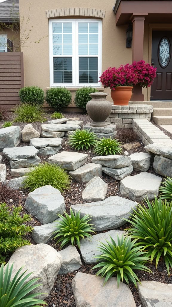A landscaped front yard featuring natural stone accents with plants and flowers.