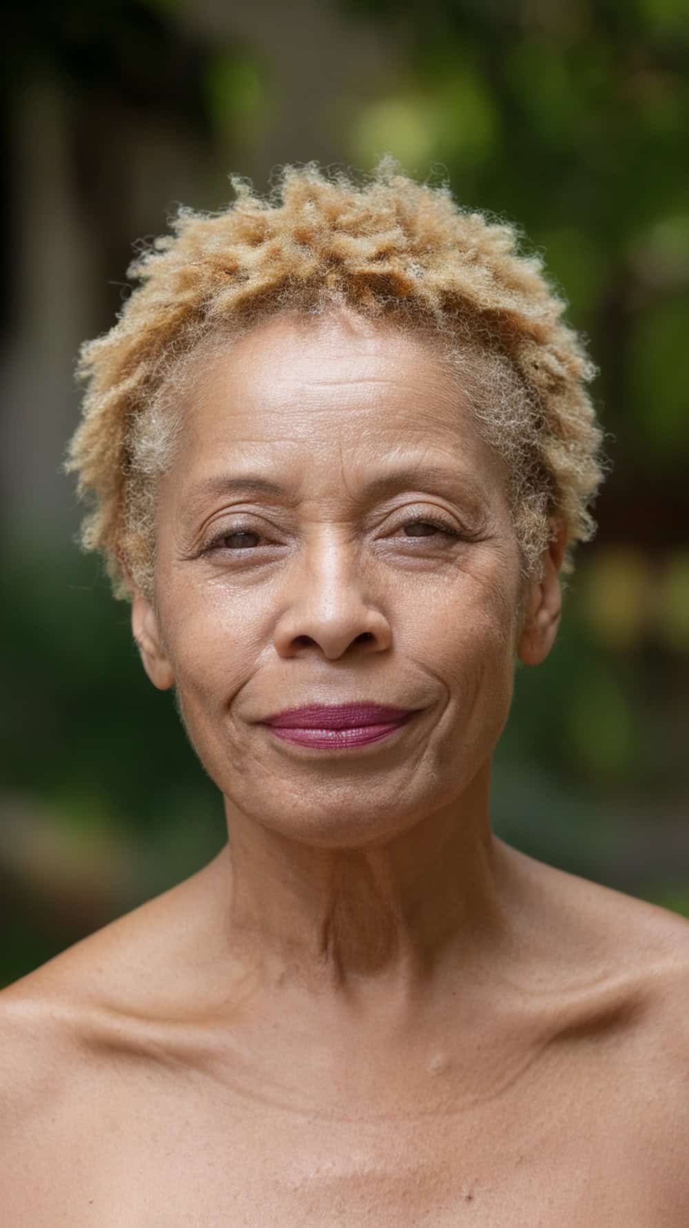 A woman with natural textured short hair, showcasing a fresh and lively look.