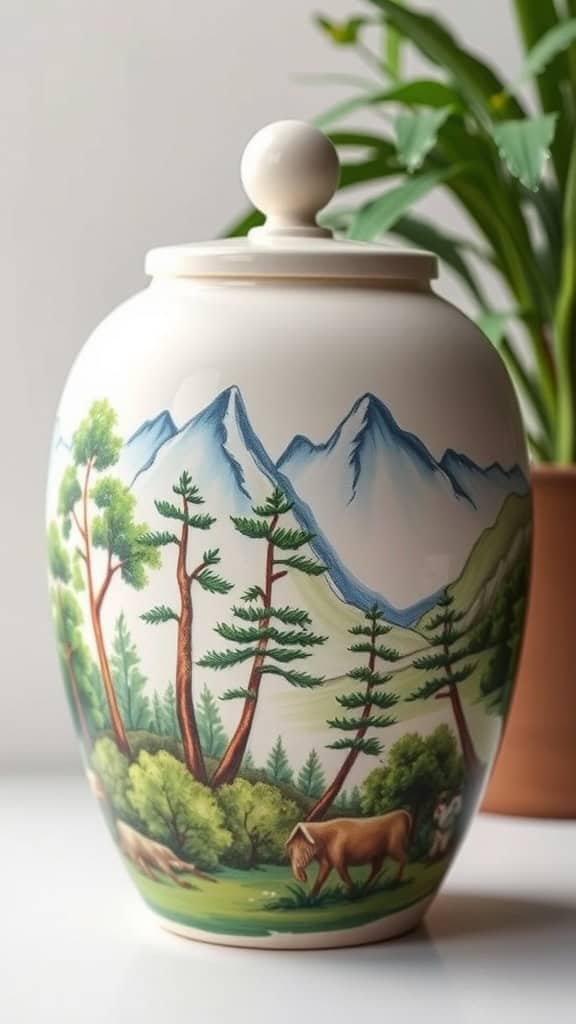 A ceramic plant pot with a nature-inspired design featuring mountains, trees, and animals.