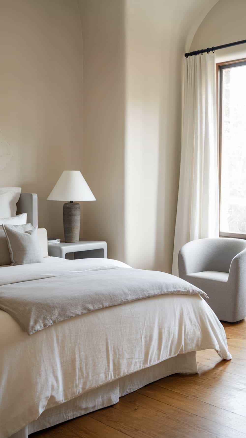 A serene bedroom featuring a neutral color palette with soft whites and warm beiges, wooden flooring, and minimalistic furniture.