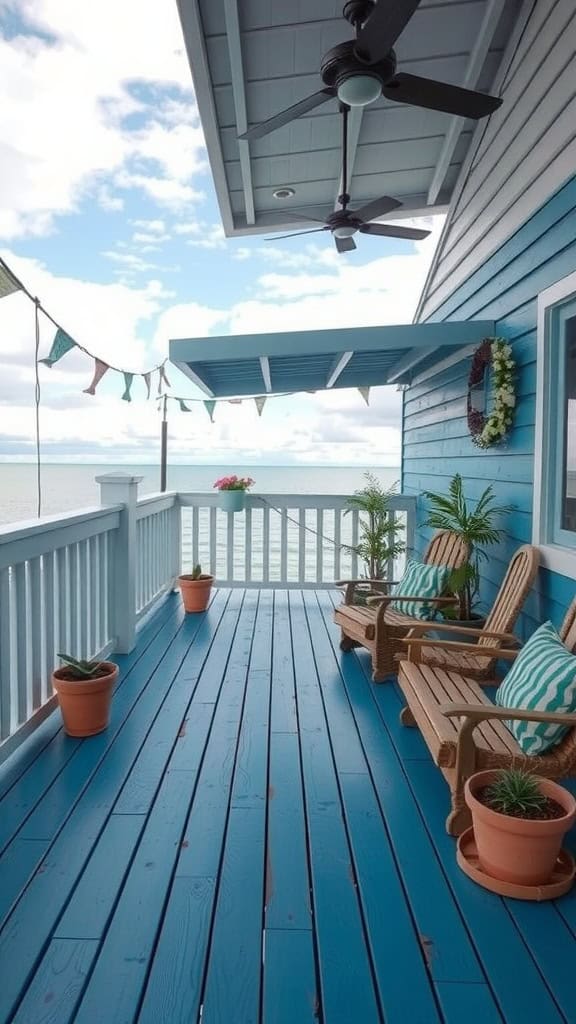 A beautiful deck stained in ocean blue, featuring wooden furniture and nautical decor.