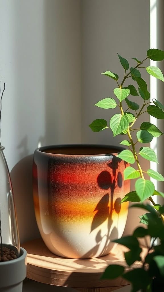 Ceramic plant pot with an ombre effect transitioning from orange to white, casting shadows beside a plant.