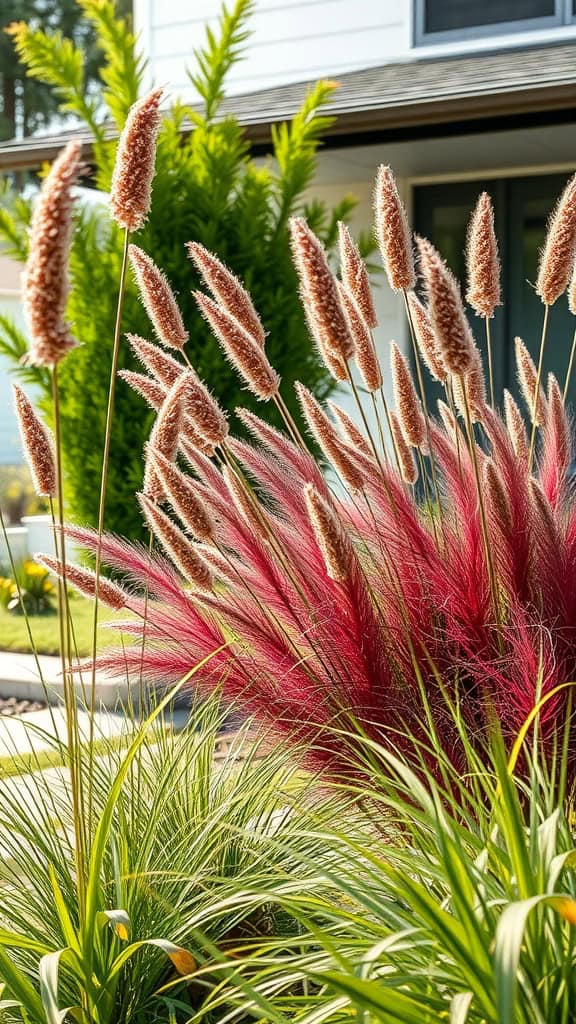 A vibrant display of ornamental grasses featuring tall, fluffy spikes in shades of pink and brown, surrounded by lush green foliage.