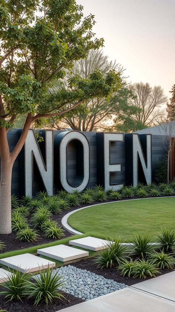 Modern front yard with large letters and landscaping.