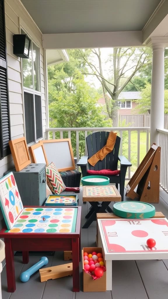 A decorated front porch with various outdoor games and colorful decor.