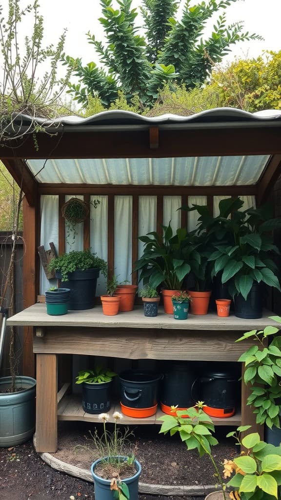 Outdoor potting bench with pots and plants under a covered workspace