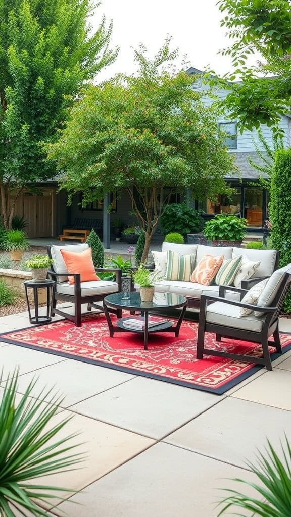 Cozy outdoor seating area with a red rug, plants, and comfortable furniture.