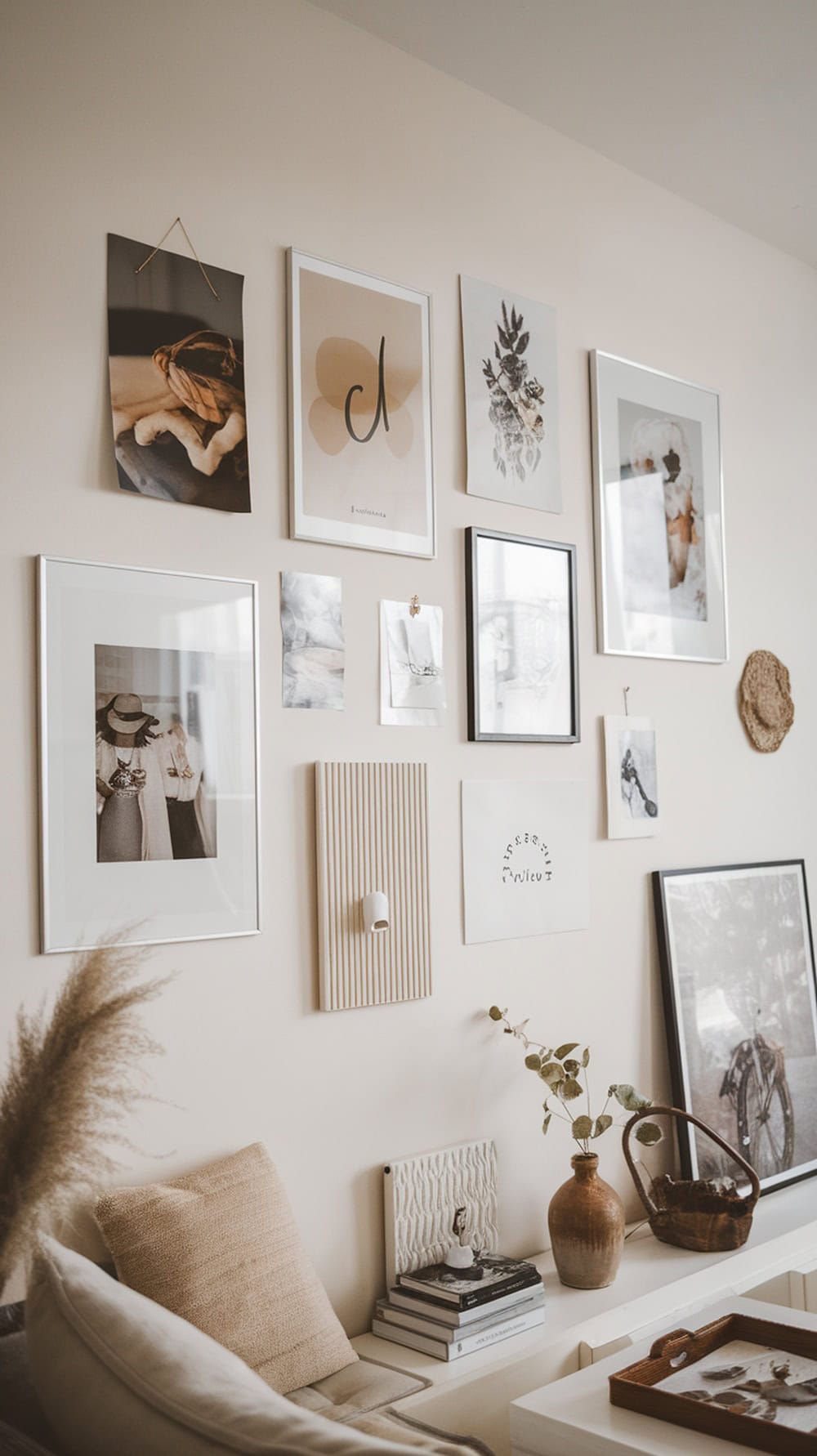Gallery wall featuring a variety of framed art and photographs in a cozy living space.