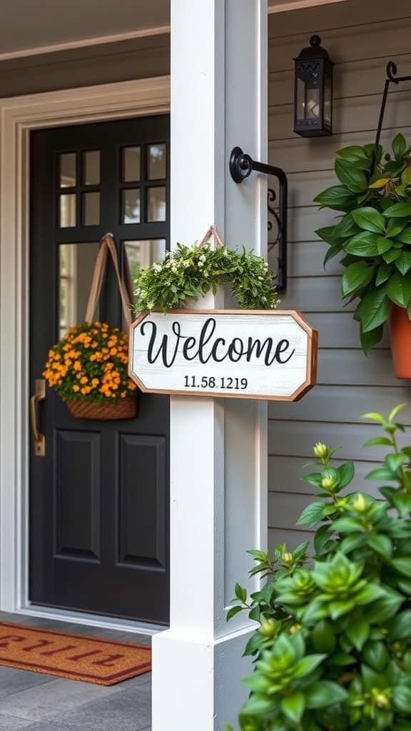 A personalized welcome sign hanging by a front door, surrounded by greenery and colorful flowers