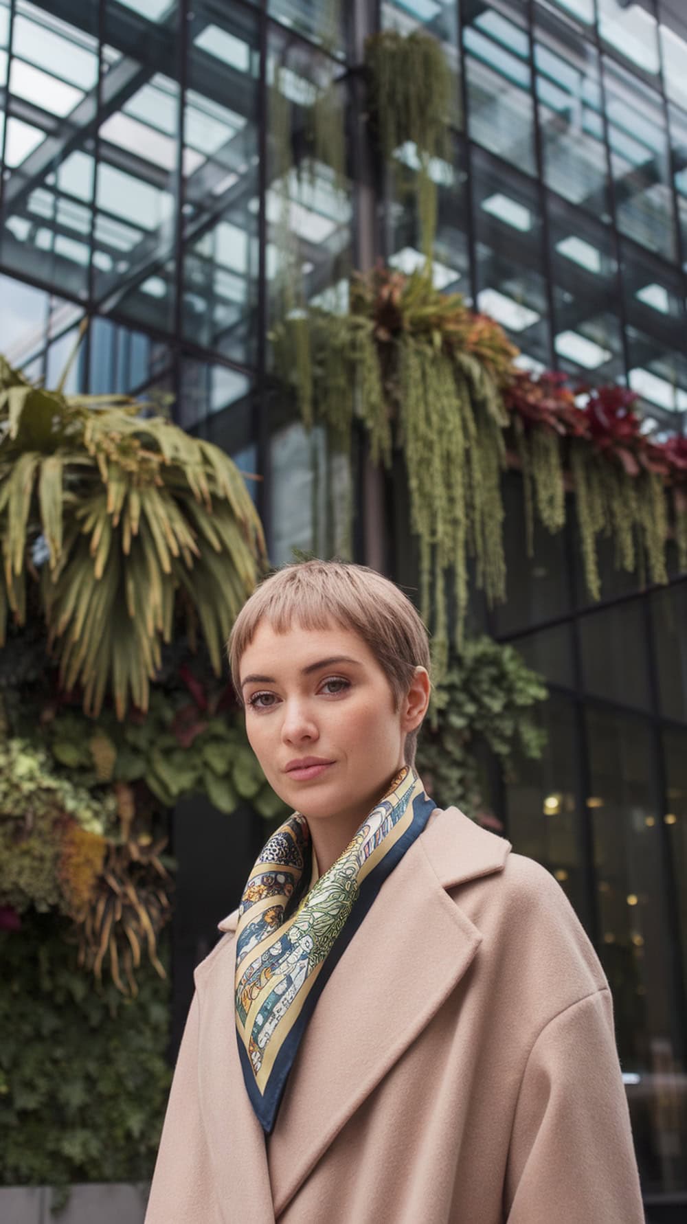 A woman with a pixie haircut wearing a beige coat and a patterned scarf, standing in front of a plant-covered wall.