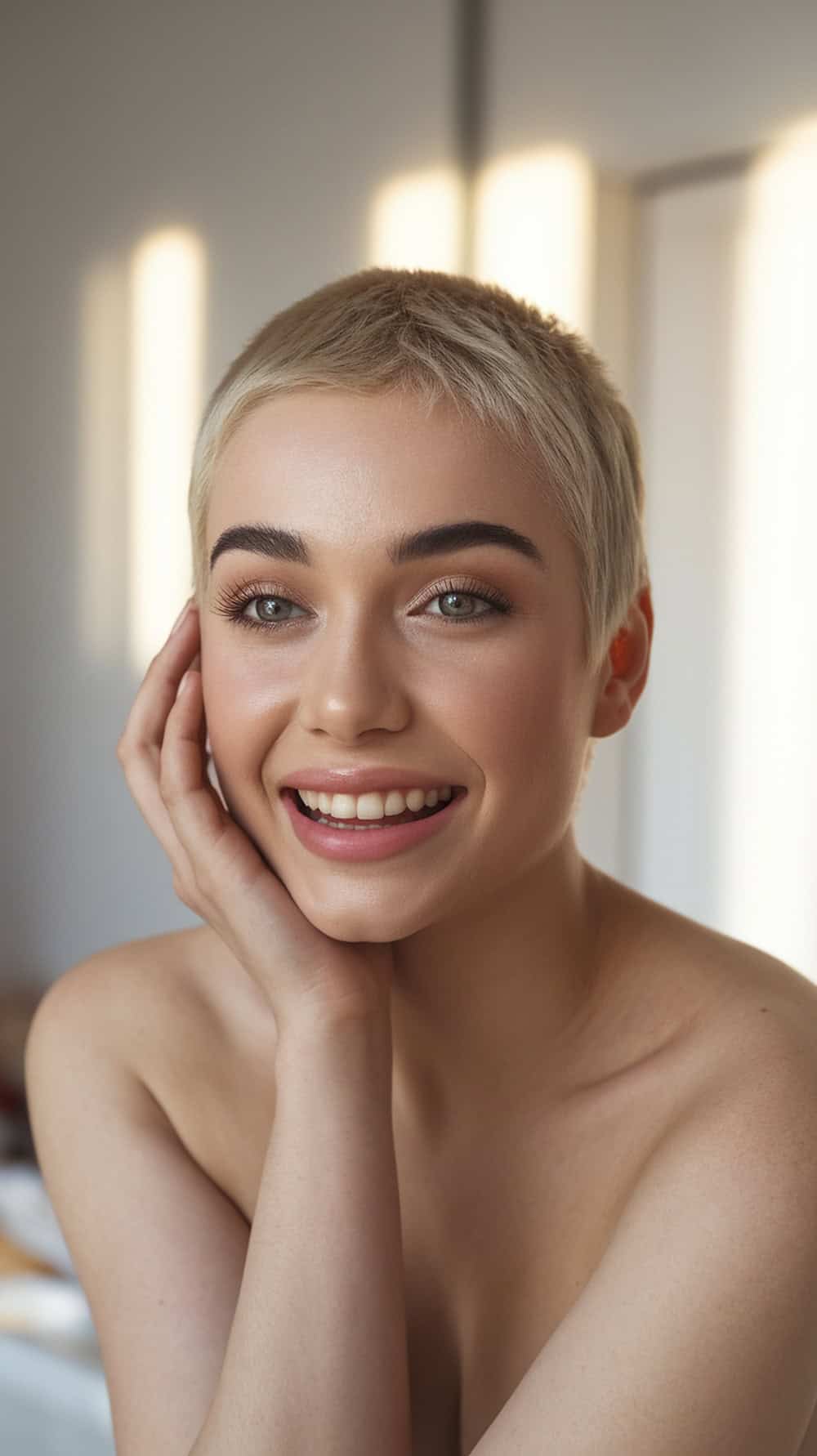 A young woman with a short blonde pixie haircut, smiling and showcasing her natural beauty.