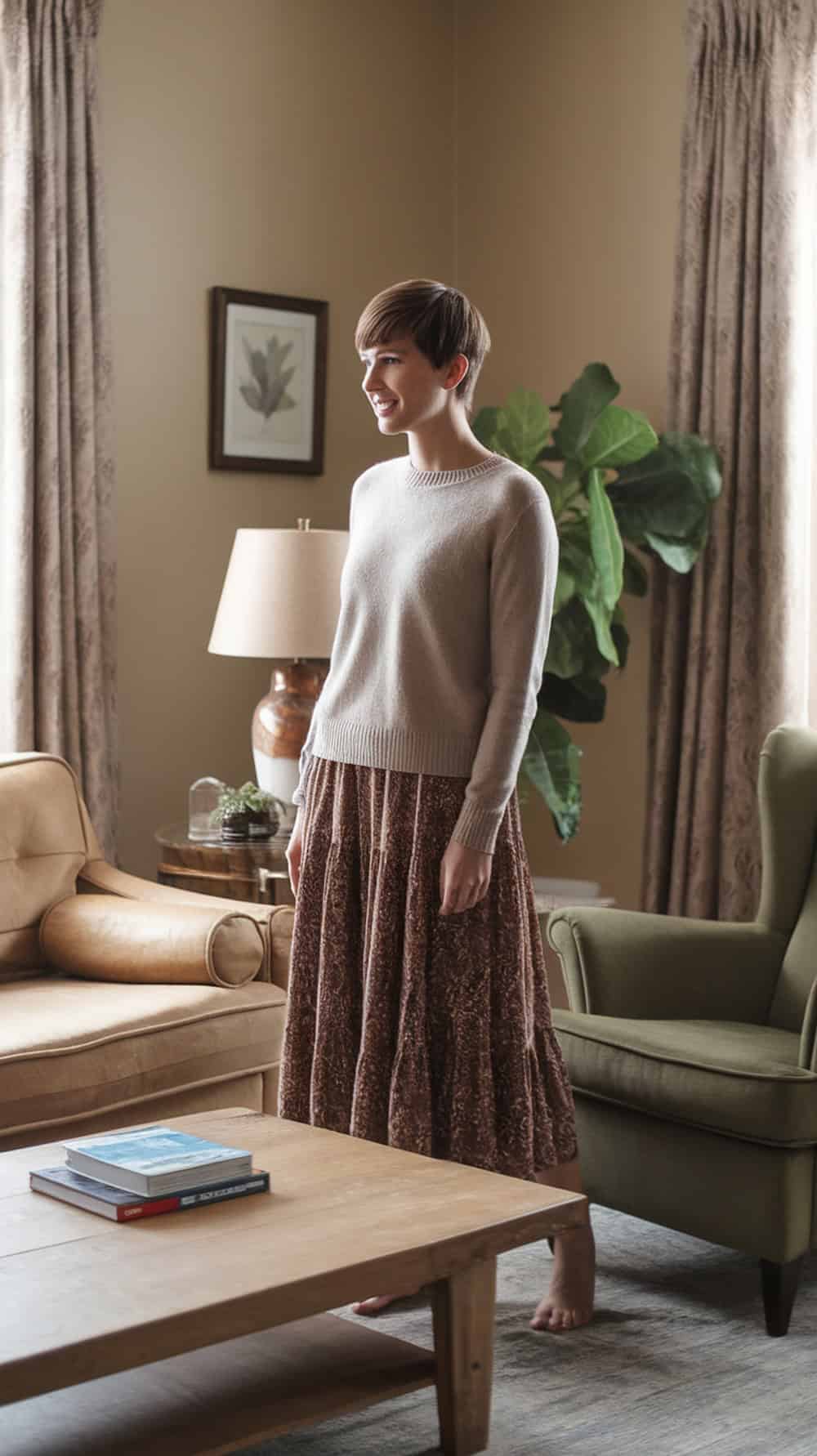 A woman with a pixie haircut featuring feathered layers, smiling in a cozy living room.