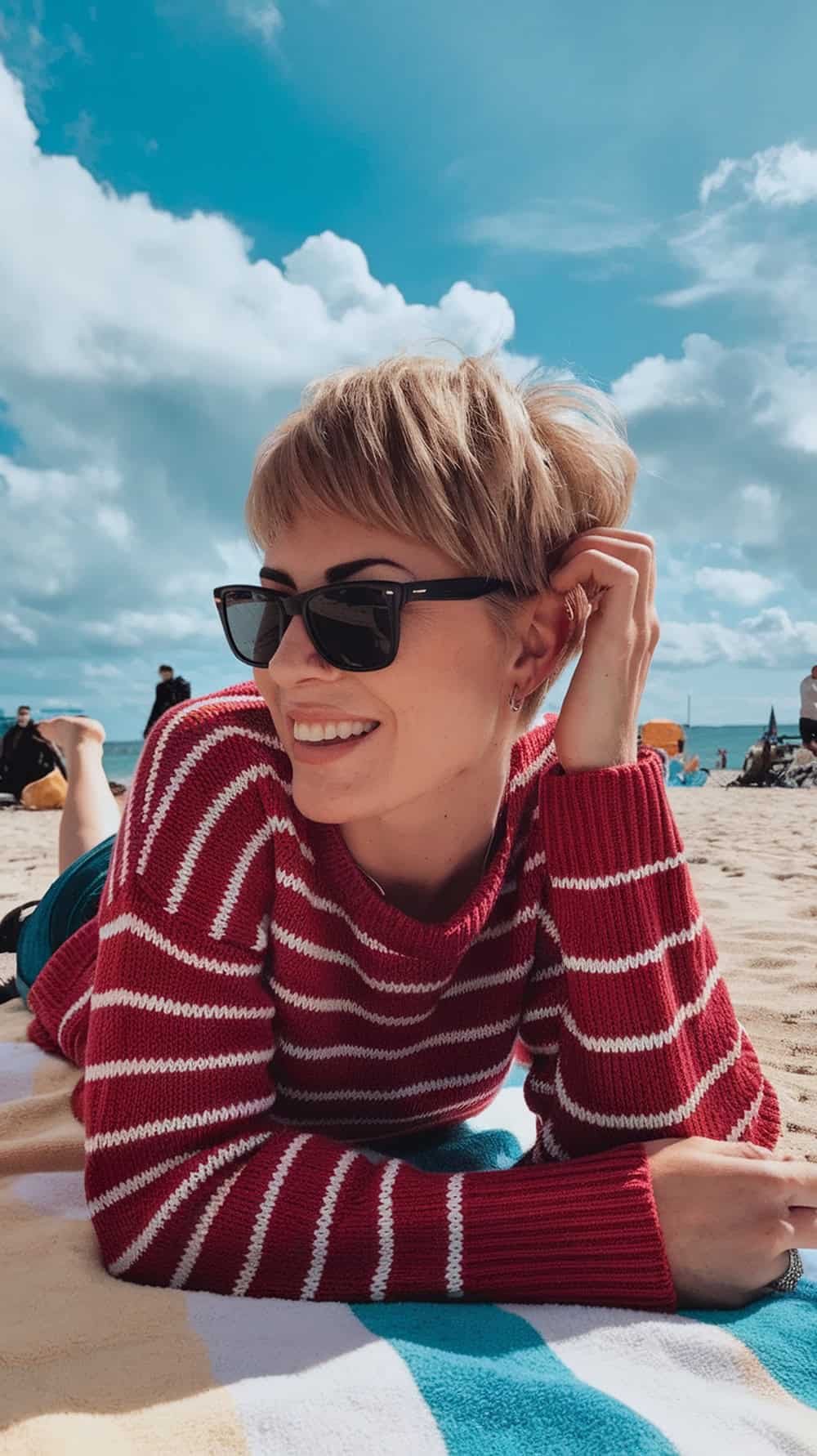 A woman with a playful pixie haircut wearing sunglasses and a striped sweater, relaxing on the beach.