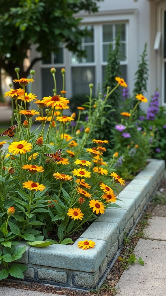 A vibrant corner flower bed filled with yellow flowers attracting butterflies.
