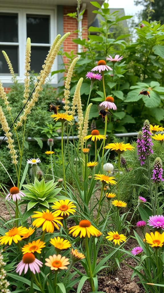 A vibrant garden filled with colorful flowers, including coneflowers and rudbeckia, attracting pollinators.